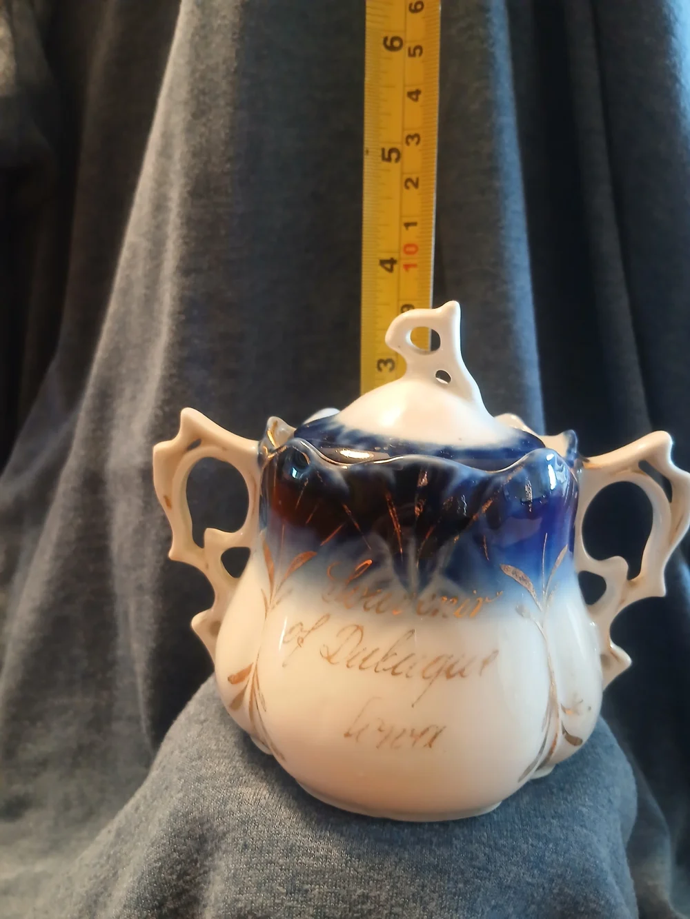 Antique Wheelock Germany Souvenier Sugar Bowl Cobalt Flow Blue Dubuque 1890s